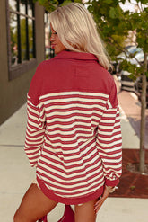 Red Stripe Collared V Neck Top